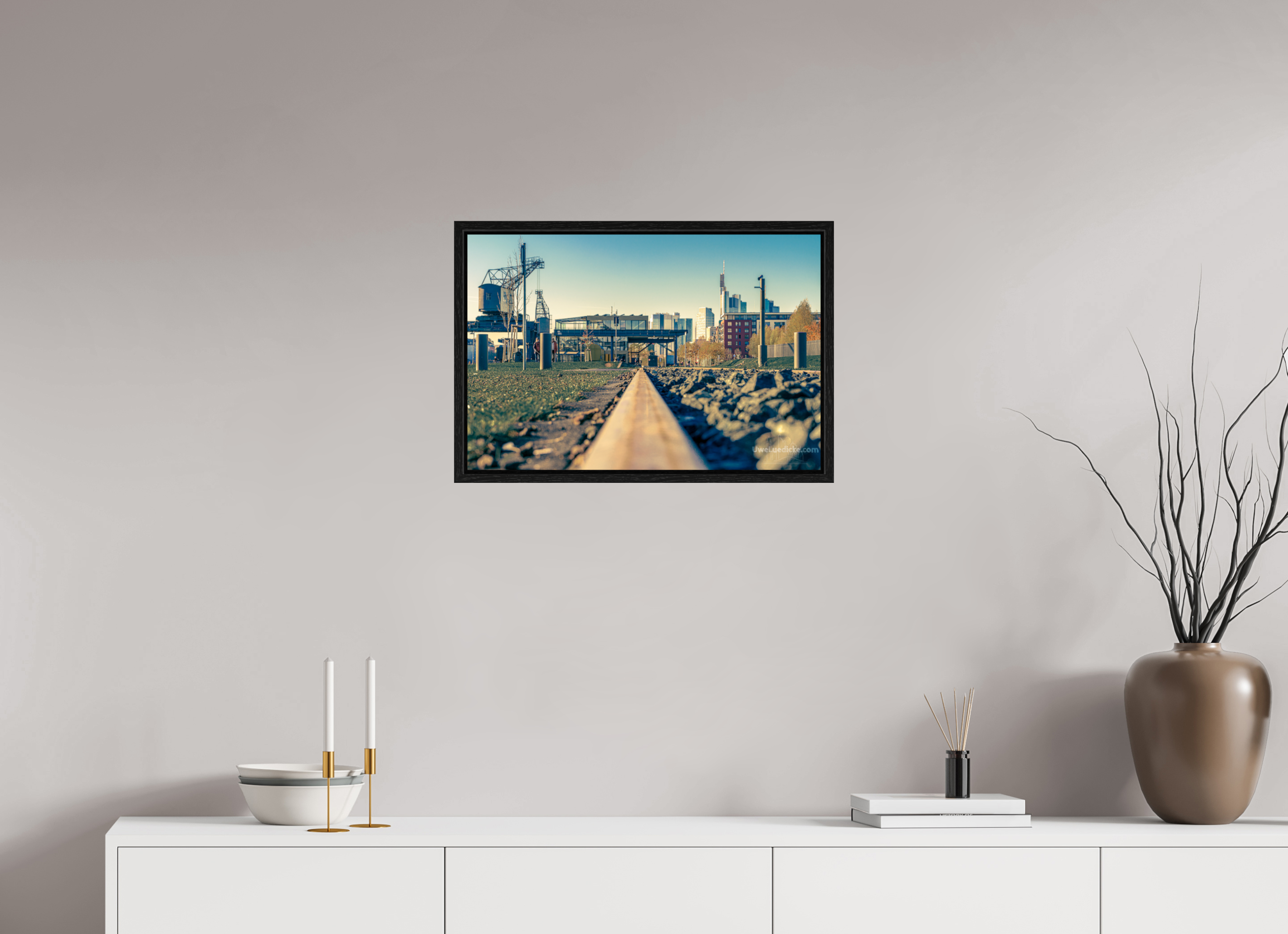 60 x 40 cm, Floater Frame Weseler Werft mit Skyline