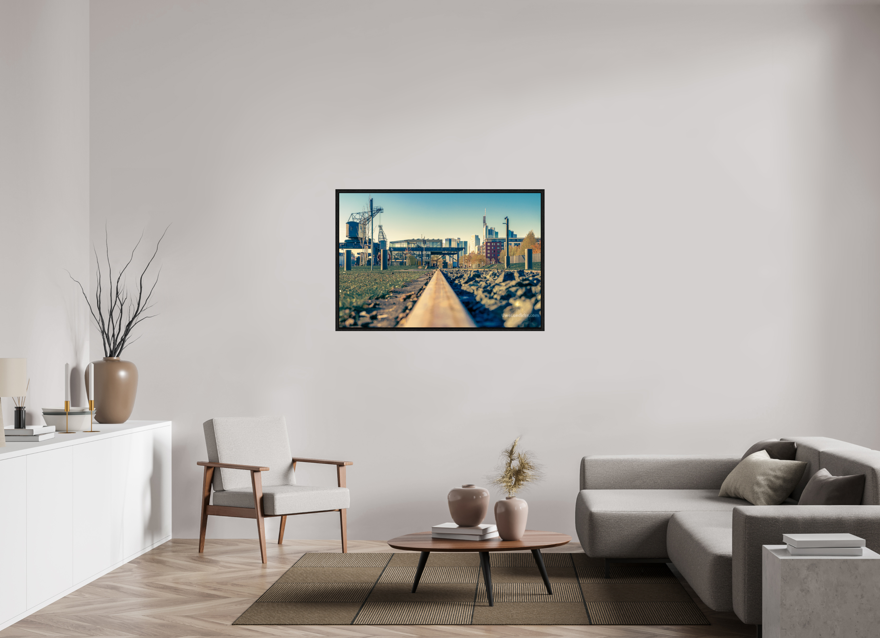 120 x 80 cm, Floater Frame Weseler Werft mit Skyline
